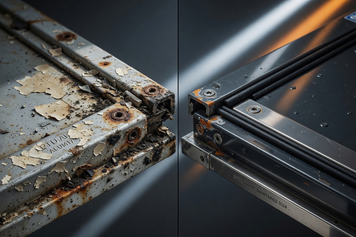 Detailed 8K macro photograph of corroded aluminum commercial door frame versus perfectly maintained steel door frame after 8 years of NYC weather exposure, side by side comparison, dramatic lighting