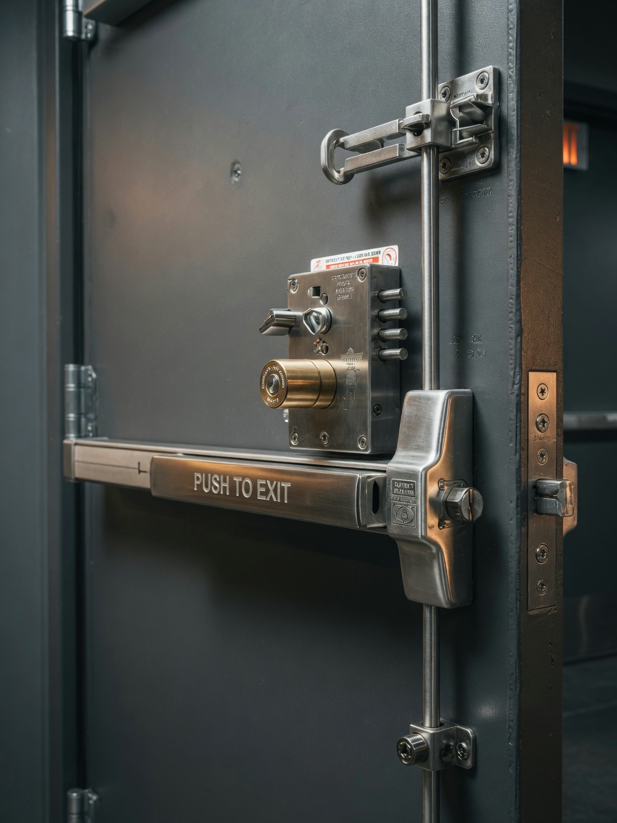 High-security Grade 1 panic hardware and three-point locking system on commercial steel door, extreme close-up detail, technical product photography, 8K