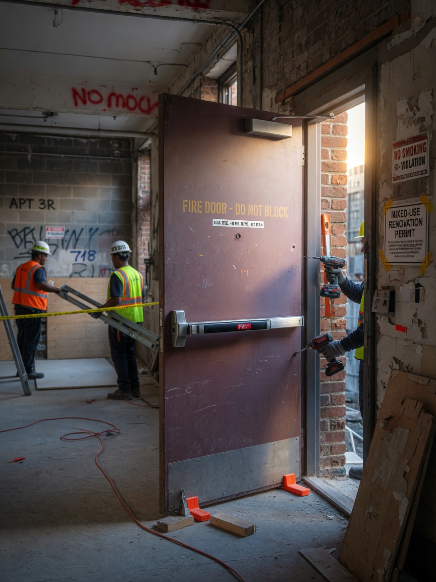 Ultra-realistic 8K photo of a 14-gauge heavy steel fire door with panic hardware being installed in a Brooklyn mixed-use building, construction workers in background, authentic NYC feel