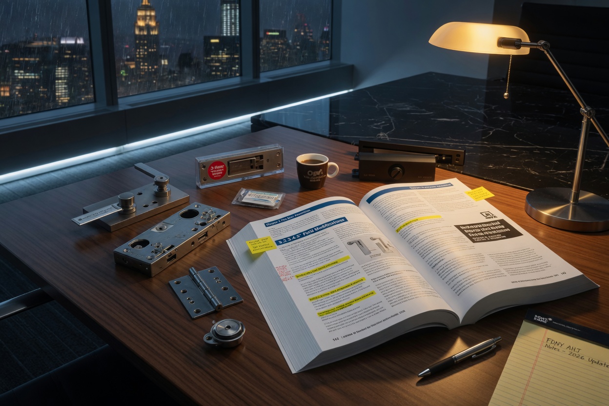 Professional 8K photograph of NFPA 80 2026 standards document open on a conference table with fire door hardware samples, high-end office setting in NYC