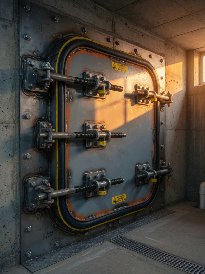 Detailed 8K image of interior view of a waterproof bulkhead cellar door system with heavy slide bolts engaged, robust steel construction, visible reinforcement welds, professional installation quality, dramatic side lighting at golden hour