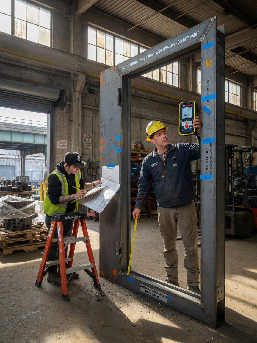 Hyper-realistic 8K photo of a full-height custom industrial door frame being measured on-site in a Queens warehouse, laser measure in use, craftsmen in work attire, natural daylight