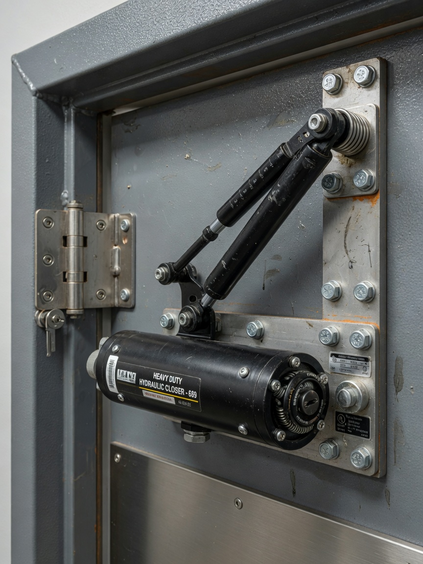 Ultra-realistic 8K image of a self-closing commercial steel door mechanism close-up, showing hydraulic closer, spring tension, detailed metal textures and engineering precision, technical product shot