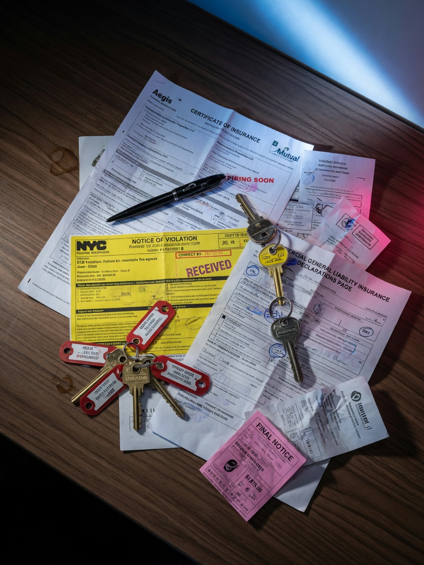 Insurance documents and NYC building code violation notices scattered on desk with commercial door keys, dramatic lighting, realistic textures