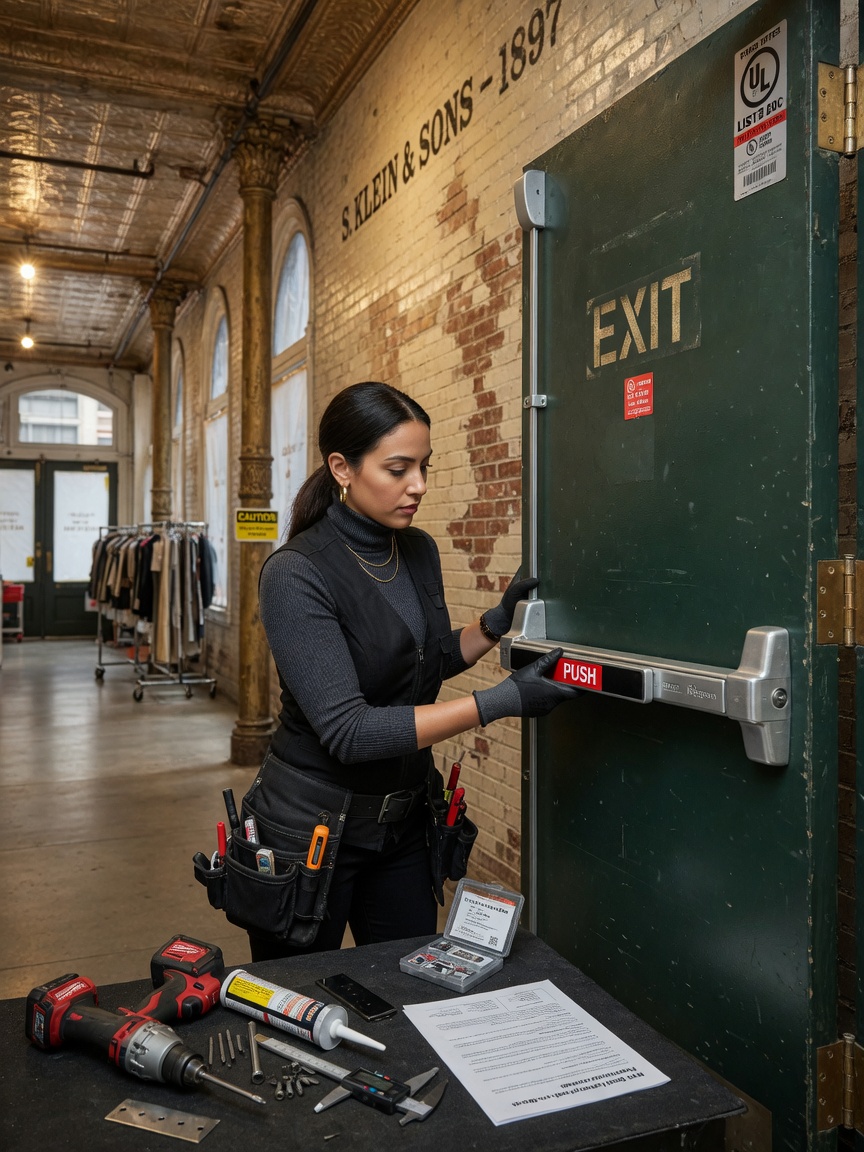 Ultra-realistic 8K image of a technician installing UL-listed fire-rated panic hardware on a heavy commercial door in a SoHo historic building, tools and parts visible