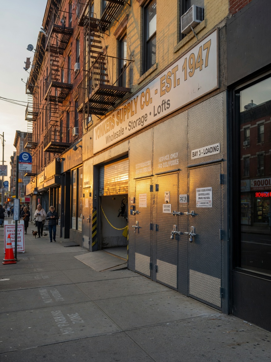 Photoreal 8K photograph of a Yonkers mixed-use building with newly installed custom security sidewalk doors, diamond-plate texture, multiple access points, beautiful golden hour light across the street scene, realistic urban architecture