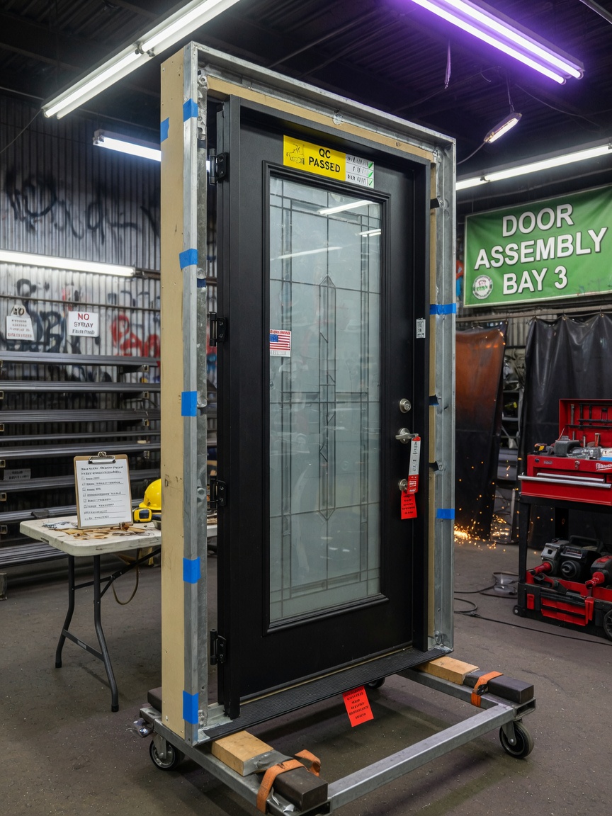 8K ultra-realistic image of completed steel front entry door assembly in Maspeth shop prior to delivery, pre-hung on frame, quality control inspection, bright workshop lighting