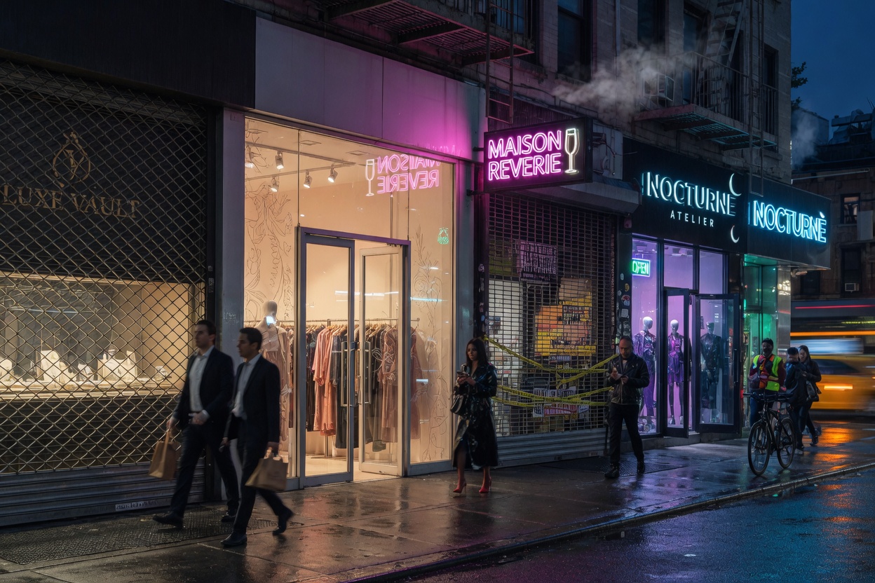 Cinematic 8K photograph of busy Manhattan retail street with multiple storefronts featuring both steel security gates and elegant aluminum glass doors at night with neon signs and reflections