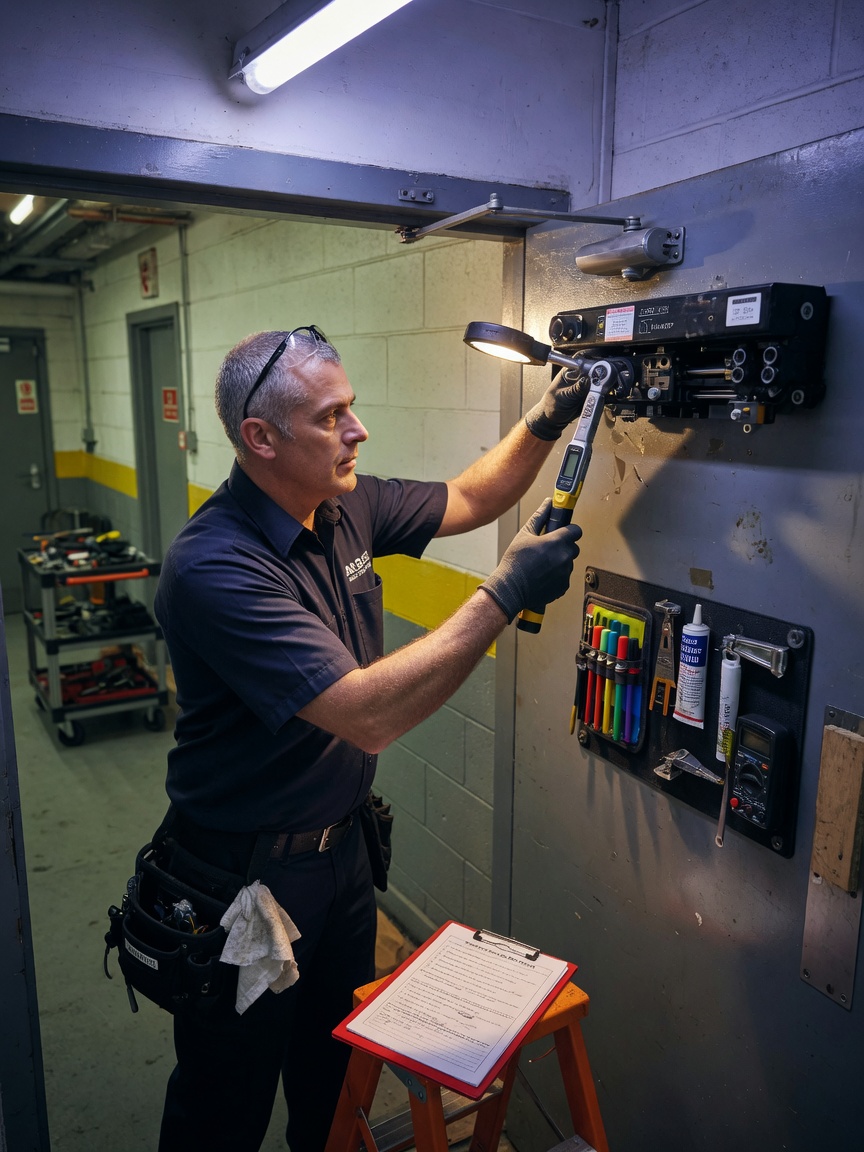 Maintenance technician performing quarterly service on commercial door closer using professional tools, clean uniform, realistic workspace, 8K detail