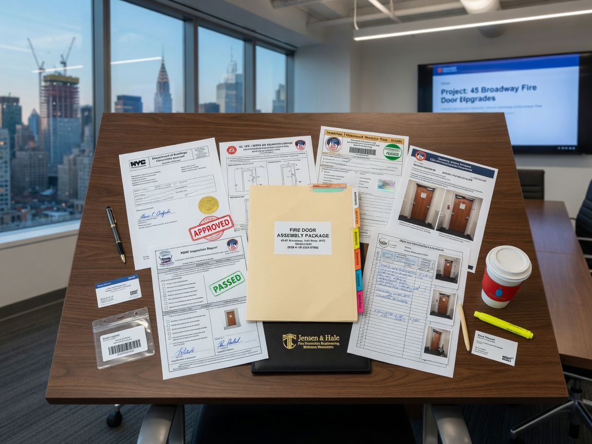 Ultra-realistic 8K photograph of a complete fire door documentation package including permits, certifications, and inspection reports neatly arranged on a conference table in a modern NYC office