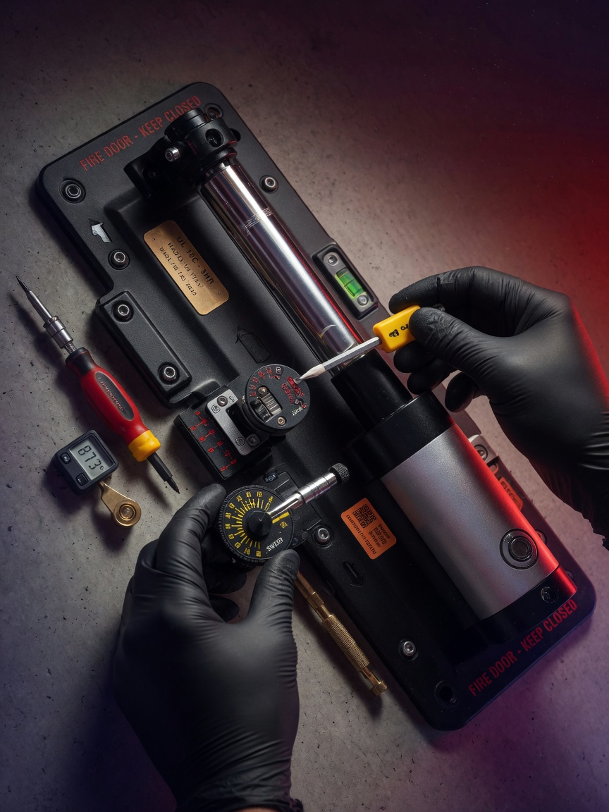 Detailed 8K close-up of a fire door closer being adjusted with precision tools, technician hands visible, focus on calibration markings and mechanisms