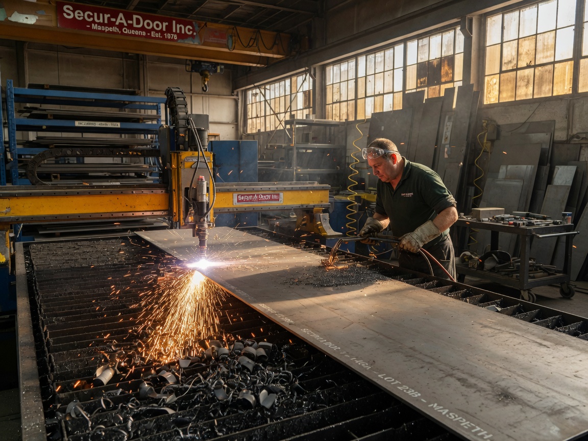 8K ultra-sharp image of heavy-gauge steel sheets being precisely cut in Secur-A-Door Inc's Maspeth fabrication shop, industrial equipment, sparks, steel shavings, craftsman at work, warm natural light from large windows