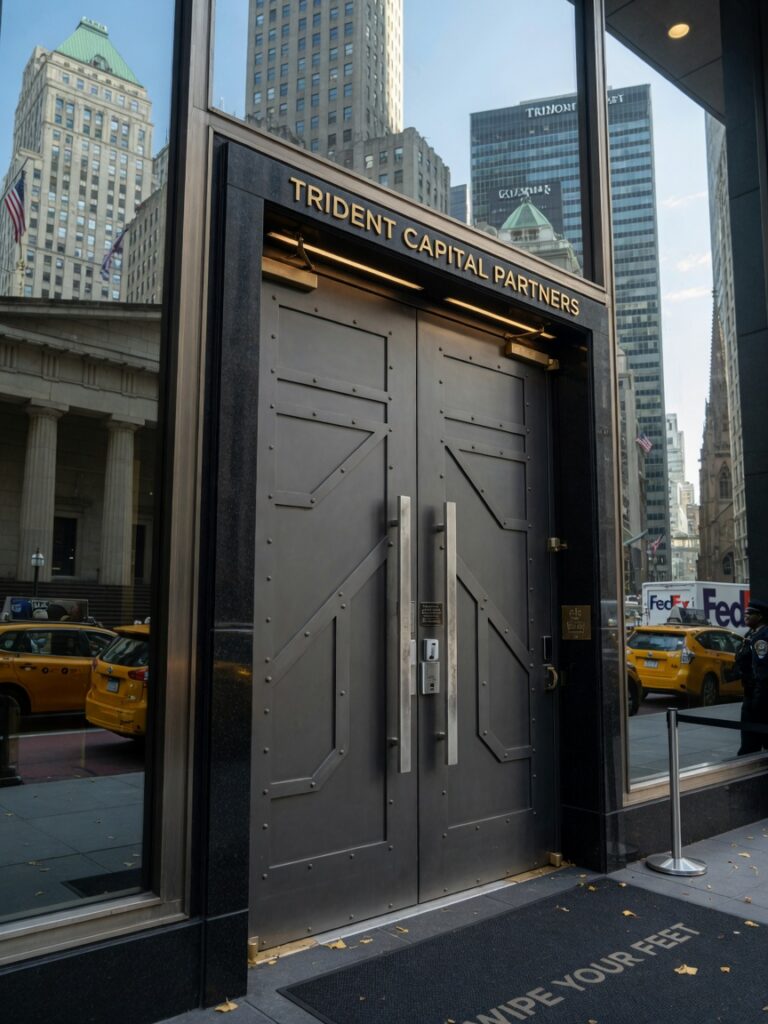 Ultra-realistic 8K photograph of modern New York City commercial building entrance with heavy custom fabricated steel doors, Manhattan financial district background, sharp architectural details, natural daylight, professional commercial photography style