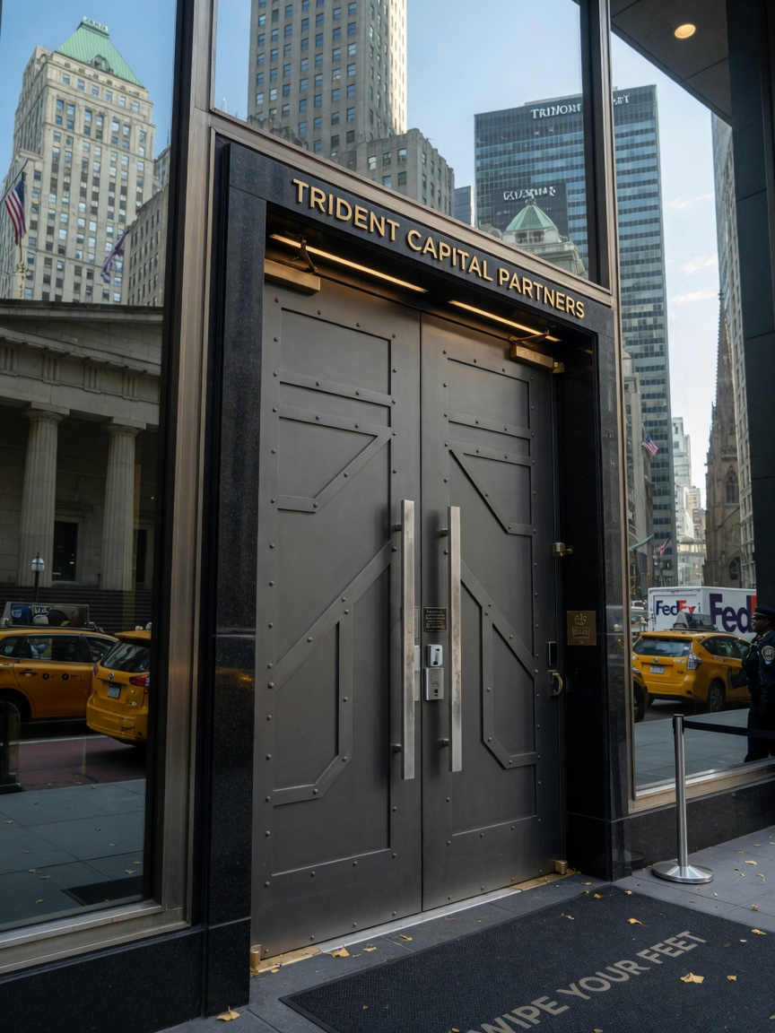 Ultra-realistic 8K photograph of modern New York City commercial building entrance with heavy custom fabricated steel doors, Manhattan financial district background, sharp architectural details, natural daylight, professional commercial photography style