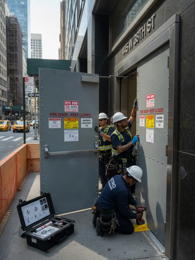 Ultra-realistic 8K photograph of a modern NYC commercial building entrance with heavy gauge steel fire doors, visible code compliance stickers, professional installation crew working, Manhattan street background, sharp detail, natural daylight
