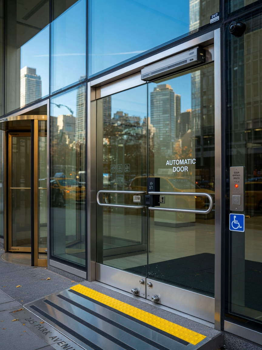 Ultra-realistic 8K photograph of modern glass commercial entrance doors on a New York City office building during daytime with clear blue sky, showing detailed hardware and accessibility features, professional architectural photography