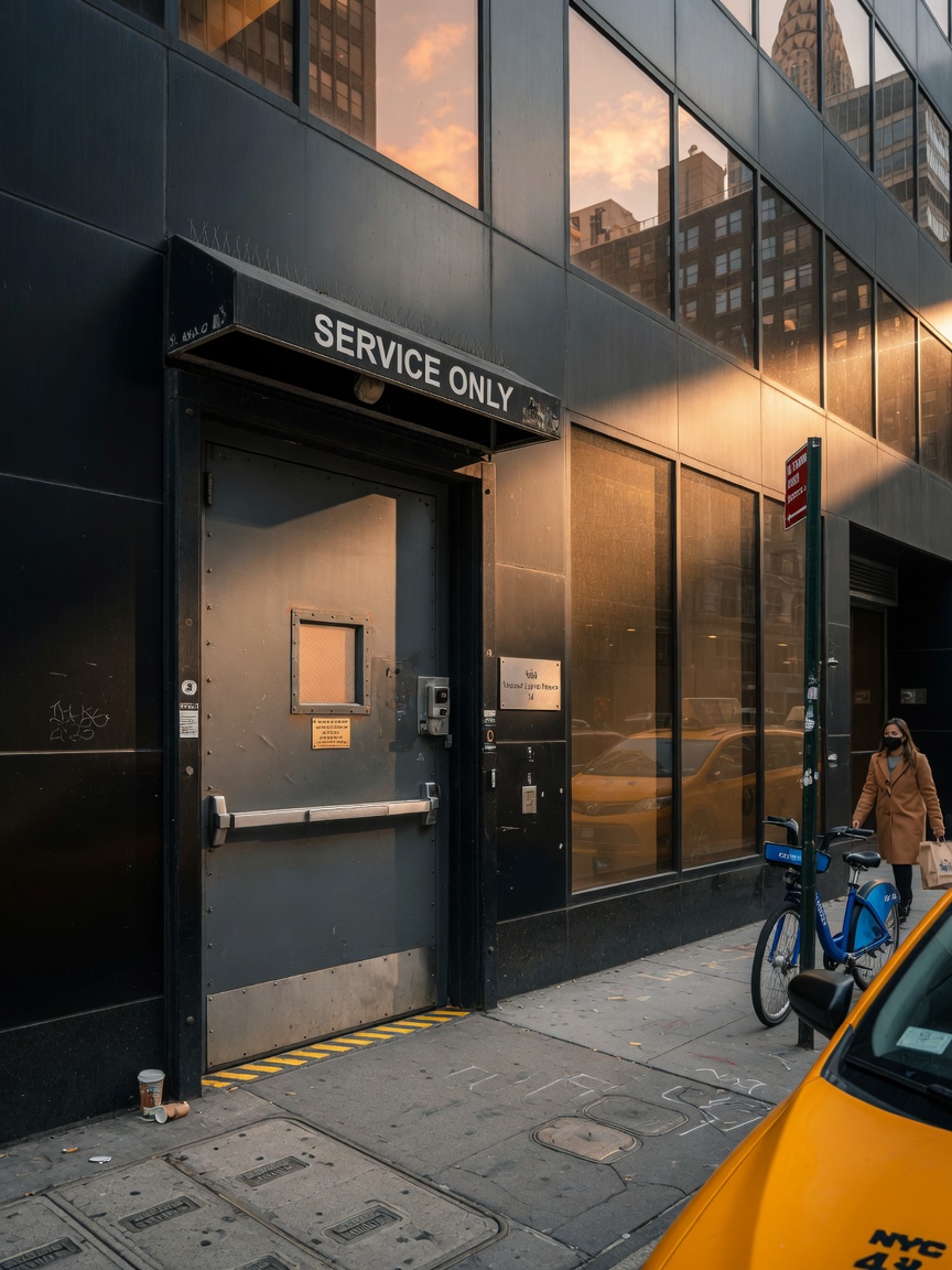 Ultra-realistic 8K photograph of a heavy-gauge steel commercial door installed on a modern Manhattan office building facade during golden hour, showing detailed texture, hardware, and urban street context, cinematic lighting