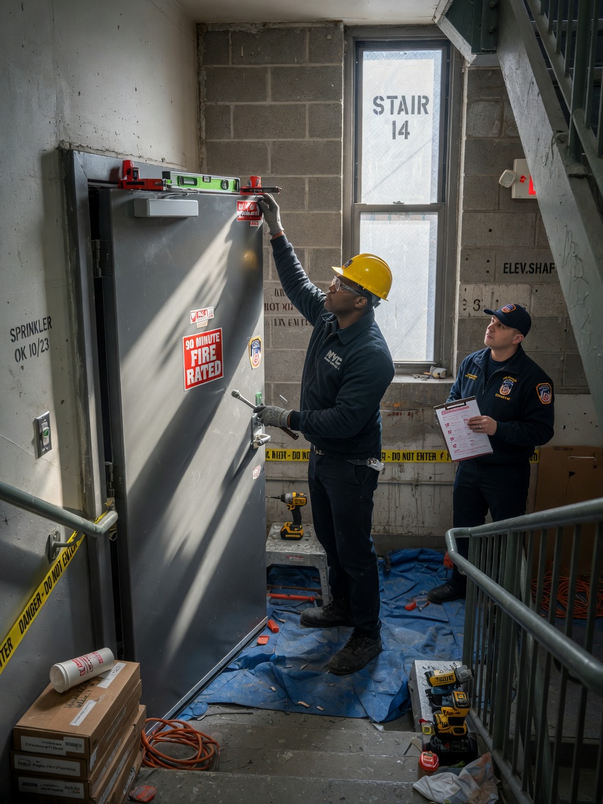 Ultra-realistic 8K photograph of a professional NYC installer carefully hanging a 90-minute fire-rated commercial steel door in a Manhattan high-rise stairwell, precise leveling tools visible, FDNY inspector observing in background, construction site details, natural window lighting