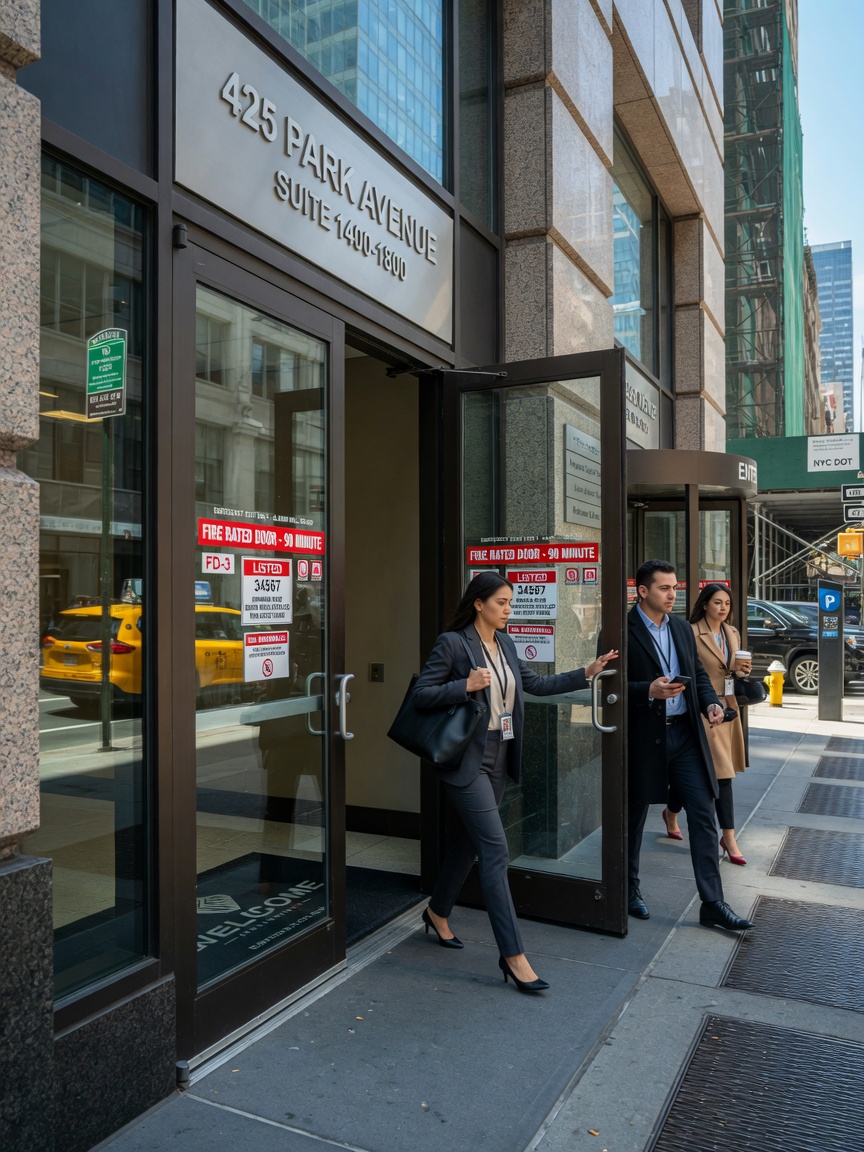 Ultra-realistic 8K photograph of a modern NYC commercial building entrance with fire-rated glass doors during daytime, showing clear fire-rated labels, professional business people entering, detailed architectural textures, natural lighting, New York City street context