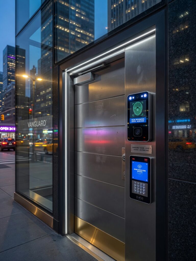 Ultra-realistic 8K photograph of a modern smart commercial steel door with integrated facial recognition scanner and digital access panel installed on a sleek Manhattan office building entrance at dusk, dramatic city lighting, highly detailed textures