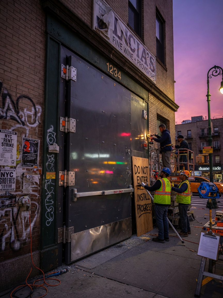 Ultra-realistic 8K photograph of heavy gauge steel commercial door installation on a Manhattan retail building at dusk with dramatic lighting, showing reinforced hinges and security hardware, professional architectural photography