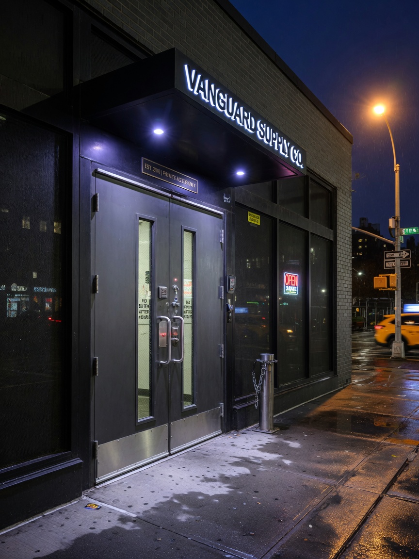 Ultra-realistic 8K photograph of a modern NYC storefront at night with reinforced custom heavy gauge steel commercial doors featuring sleek vision lights, dramatic street lighting, subtle security lighting glow, high detail, cinematic composition