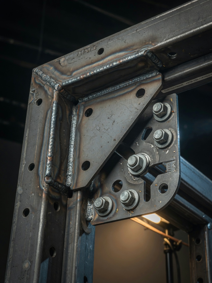 Detailed 8K macro photograph of reinforced custom door frame and heavy-gauge steel construction, showing weld quality and reinforcement plates, technical product photography with shallow depth of field