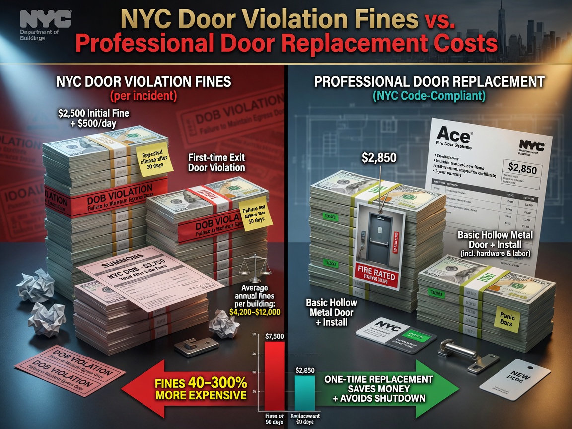 Cost comparison infographic style ultra-realistic 8K image showing money stacks representing NYC door violation fines versus professional door replacement costs, clean professional design