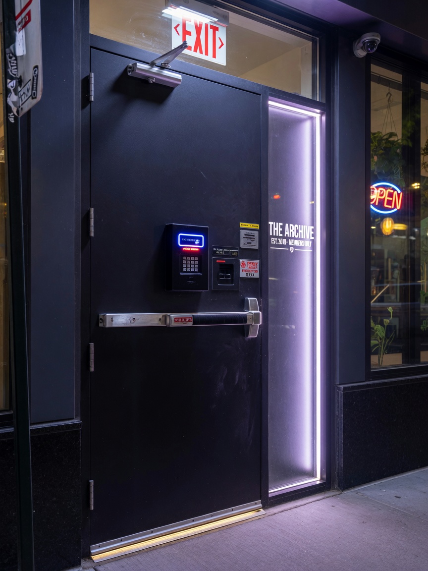 Clean ultra-realistic 8K image of a modern high-security commercial door with panic hardware, exit device, and electronic access control system on a contemporary NYC storefront