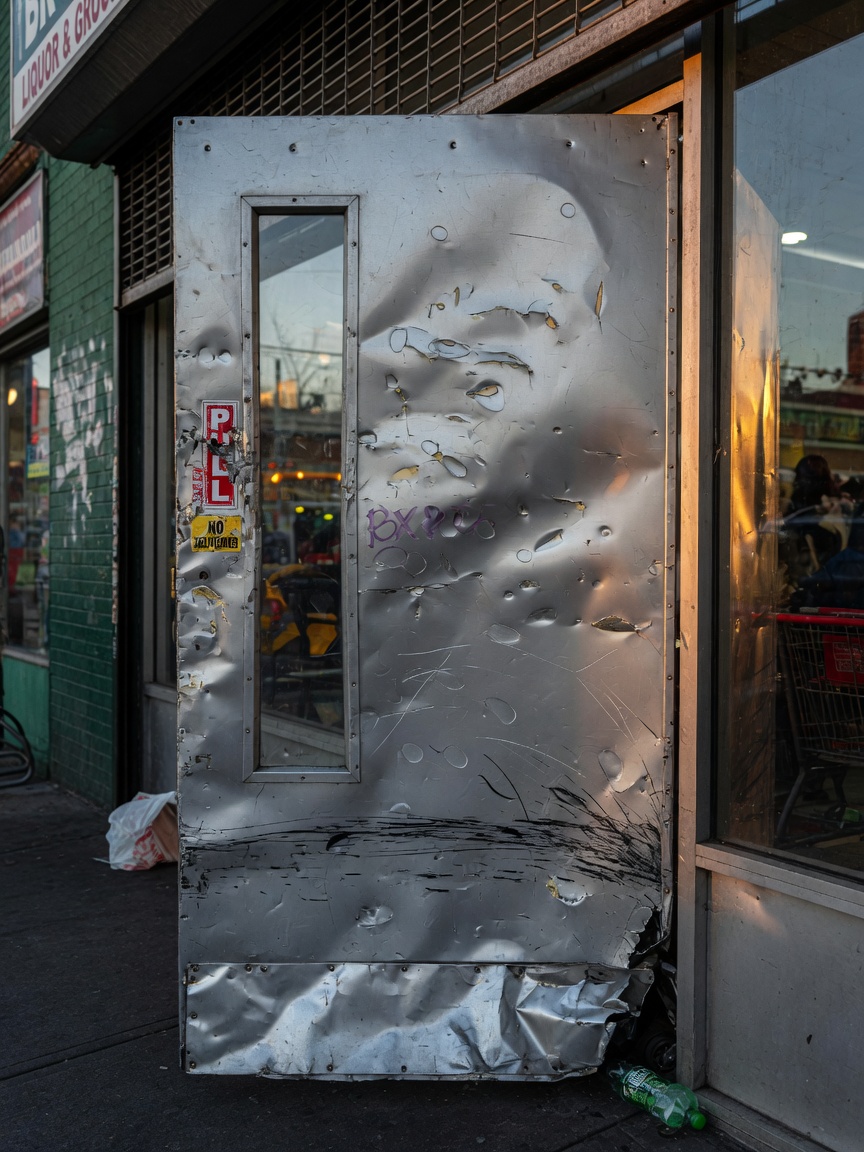 Ultra-realistic 8K image of a dented and scratched aluminum storefront door after years of shopping cart impacts in a busy Bronx retail location, showing clear wear patterns