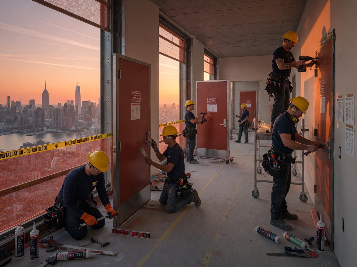 Cinematic 8K image of a team of professional installers working on multiple fire-rated doors on a high-floor construction site overlooking the New York City skyline at golden hour