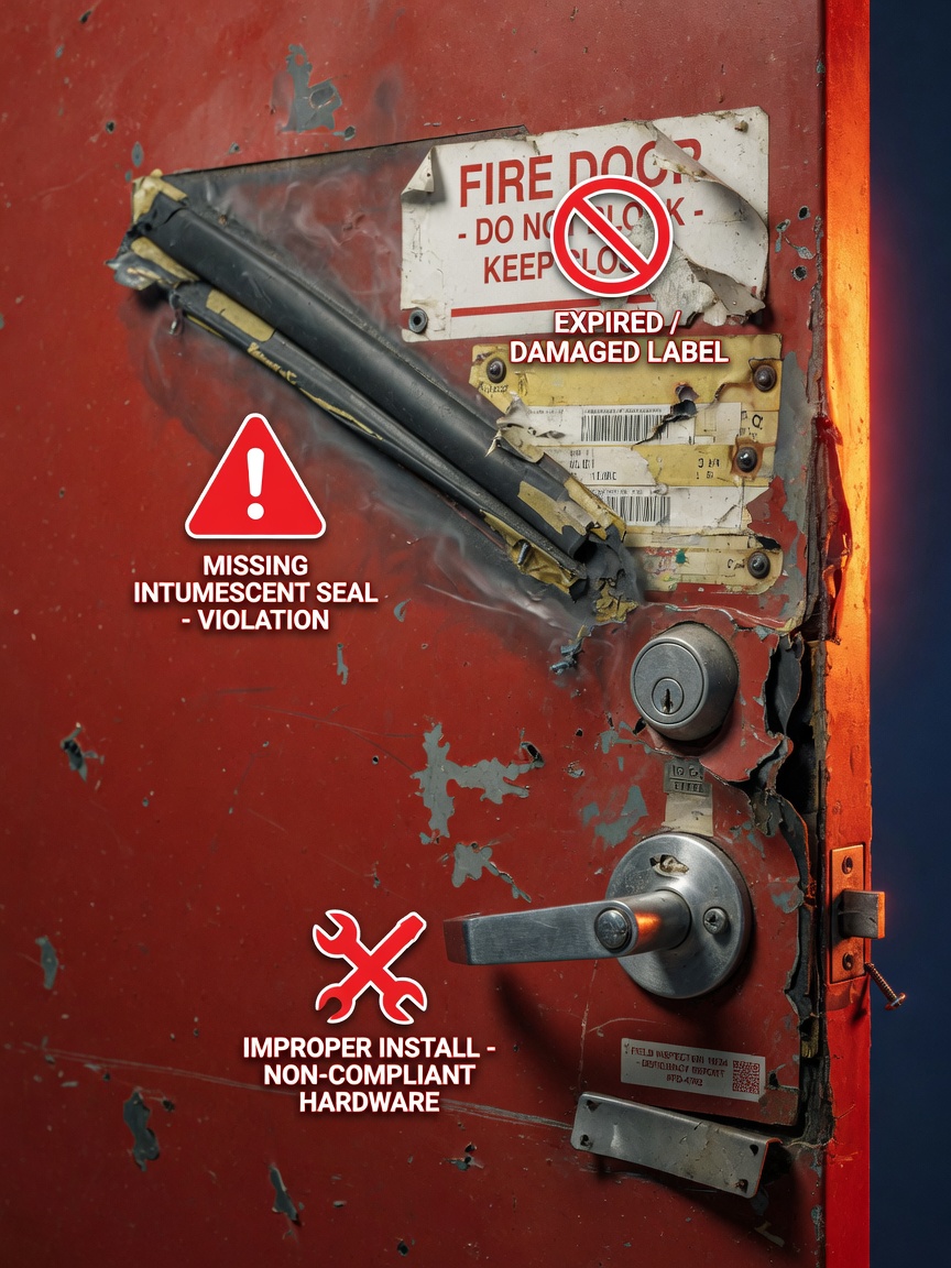 Ultra-realistic 8K close-up of damaged fire door with missing smoke seal, peeling label, and improper hardware, red warning icons overlaid, technical inspection photography