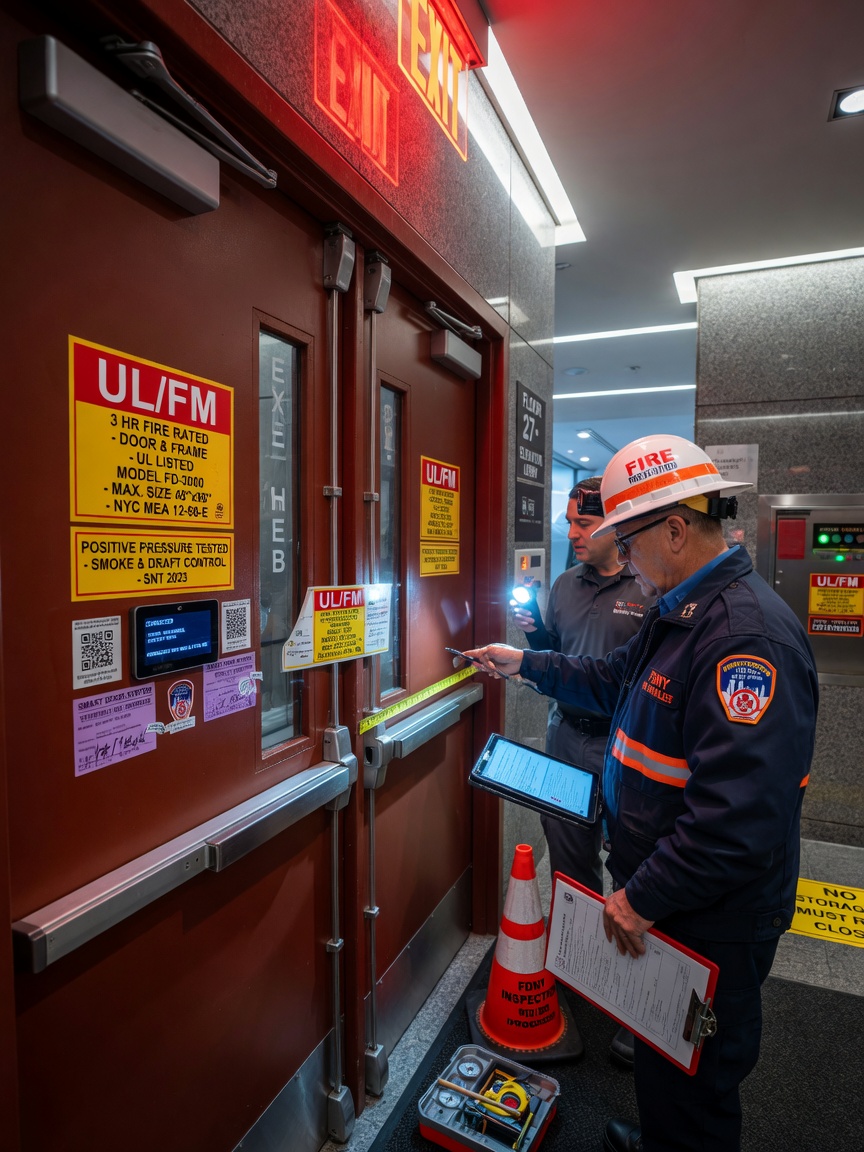 Fire safety compliance inspection of smart commercial doors in a New York City high-rise with FDNY inspector, detailed fire-rated labels visible, realistic 8K photography