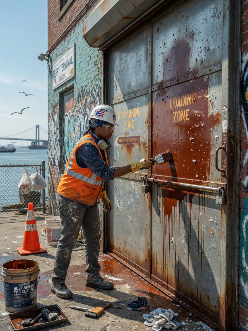 Detailed maintenance worker applying rust-prevention coating to steel commercial door in coastal NYC environment, ultra-realistic 8K, bright daylight