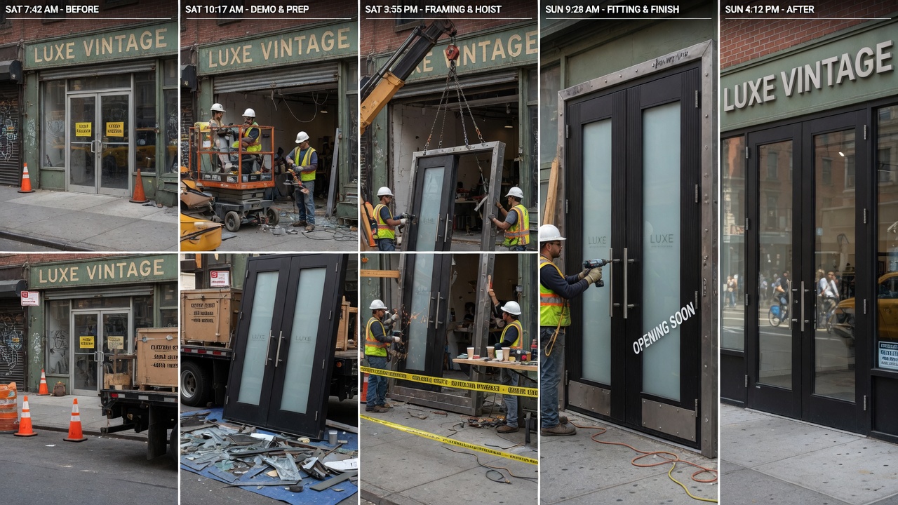 Time-lapse sequence showing rapid installation of custom steel doors over one weekend at a closed NYC retail store, before and after views, professional photography, 8K resolution