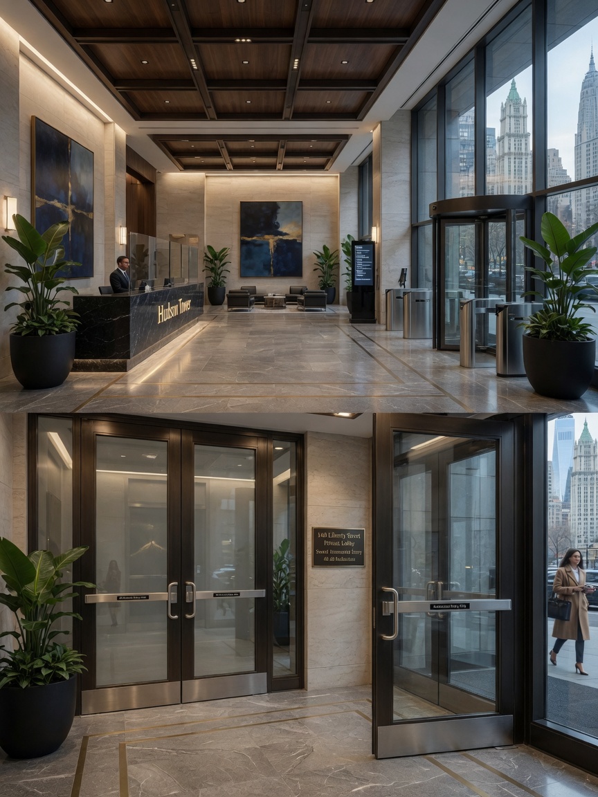 Ultra-realistic 8K image of Lower Manhattan Class-A office building lobby featuring elegant custom fabricated commercial doors with sound attenuation, modern architectural interior design, professional real estate photography