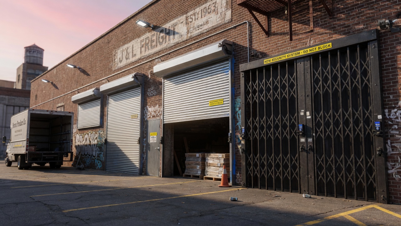 Ultra-realistic 8K wide shot of Bronx warehouse facility with newly installed industrial heavy gauge steel roll-up doors and side-folding security gates, industrial aesthetic