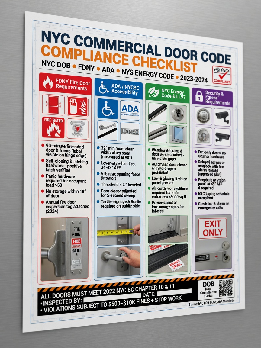 8K technical infographic style illustration showing NYC commercial door code compliance checklist with icons for fire safety, accessibility, energy, and security requirements