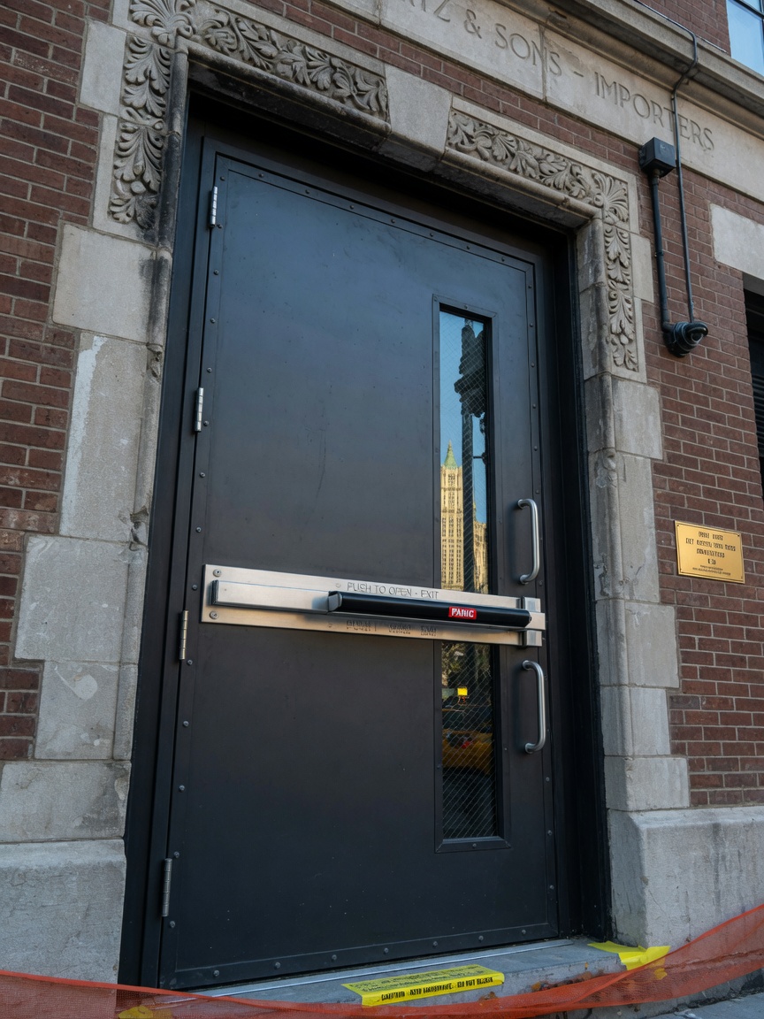 Professional 8K photograph of a newly installed custom heavy-gauge steel door with panic hardware on a historic renovated building in Lower Manhattan, architectural detail shot