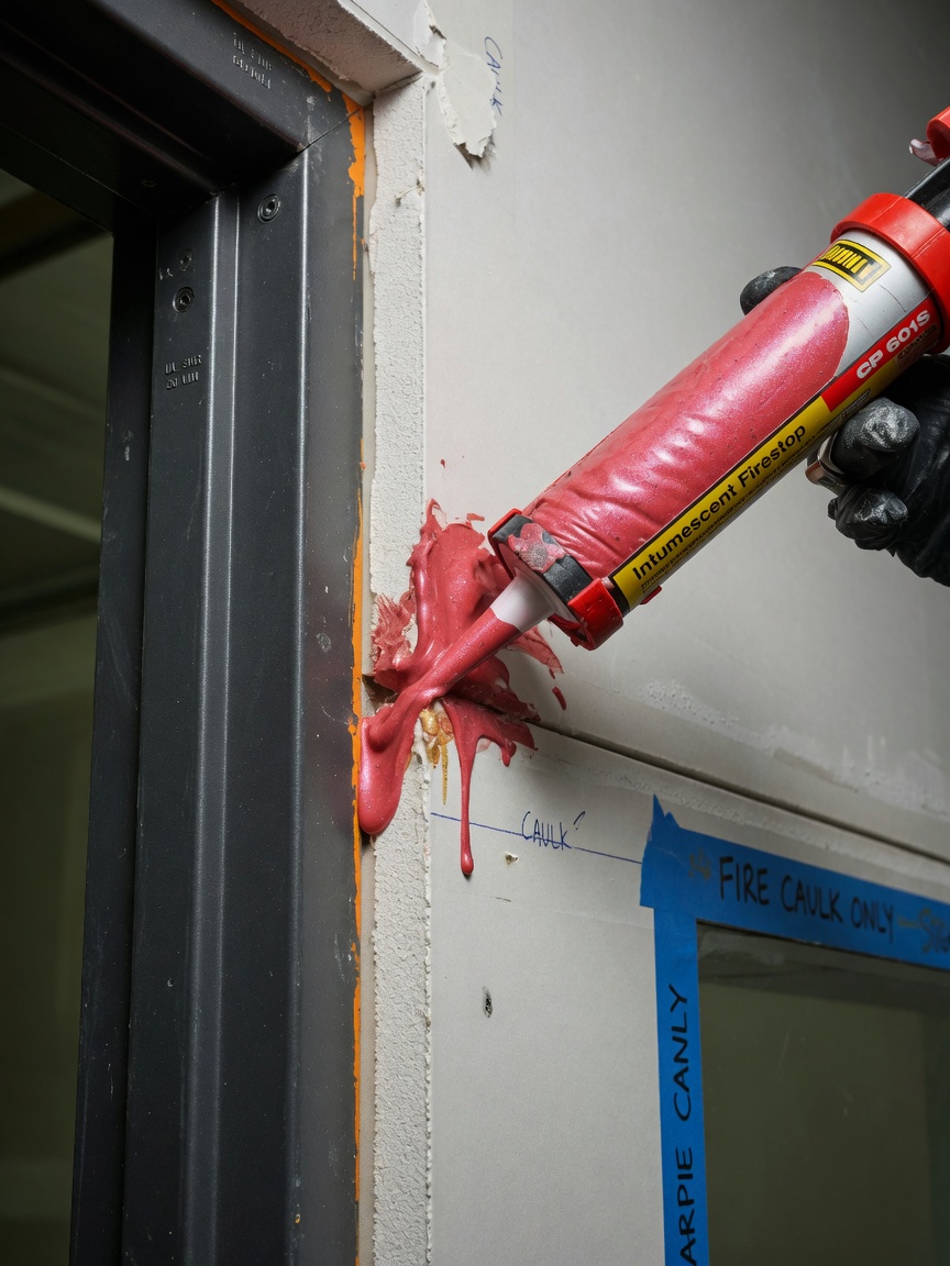 Ultra-realistic 8K close-up of intumescent fire caulk being applied at door frame to drywall joint, professional caulking technique, construction detail shot with perfect focus
