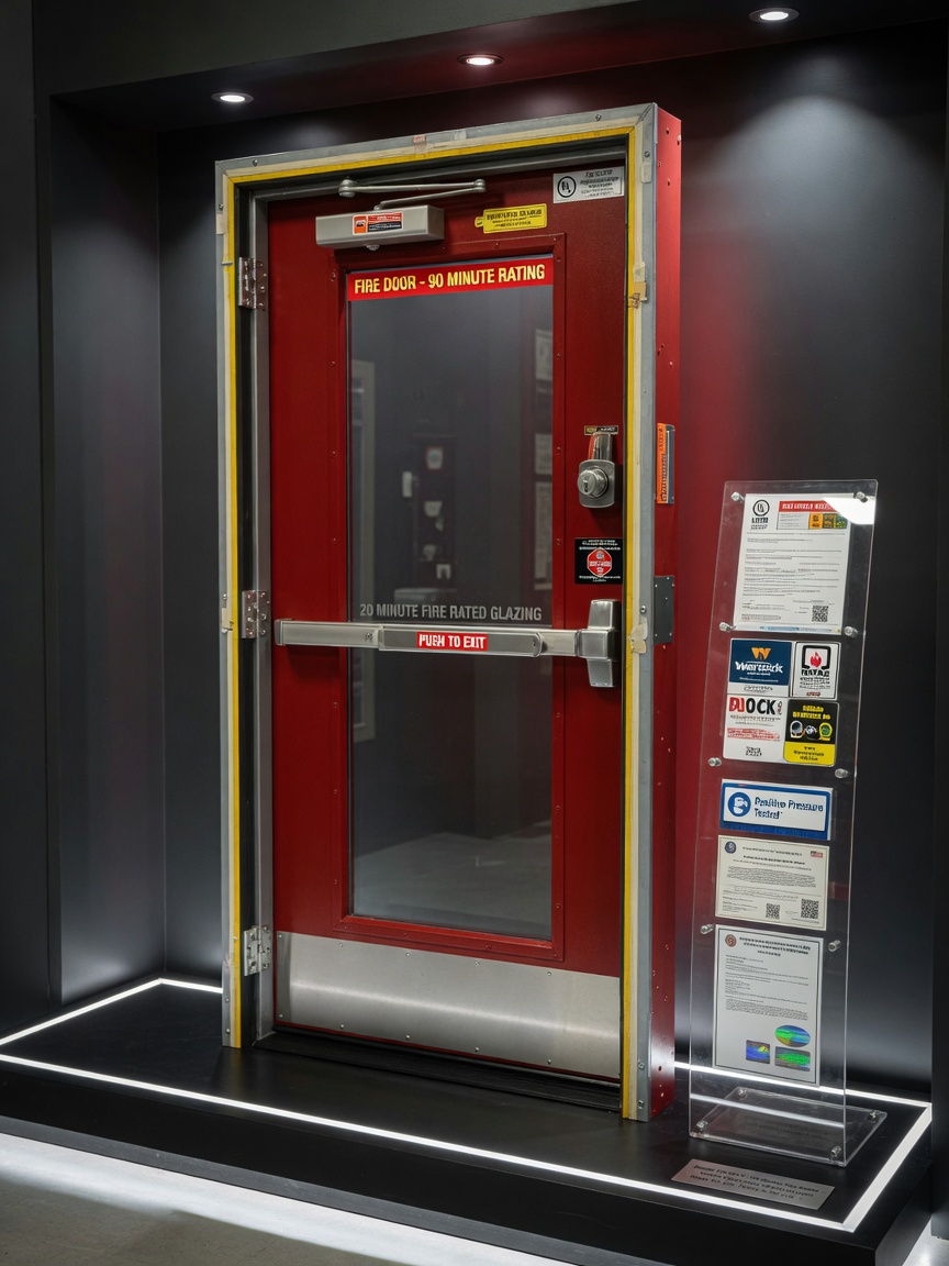 8K ultra-realistic image of a complete commercial fire door assembly including door, frame, hardware, and seals displayed in a showroom setting with compliance certificates visible