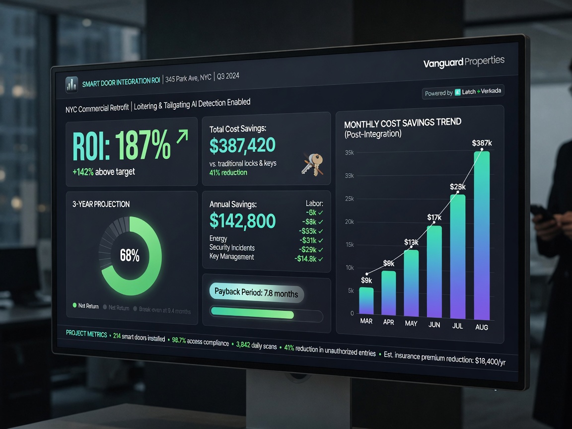 ROI financial dashboard displaying cost savings and return on investment metrics for smart door integration project in NYC commercial building, sleek dark UI, ultra-sharp 8K