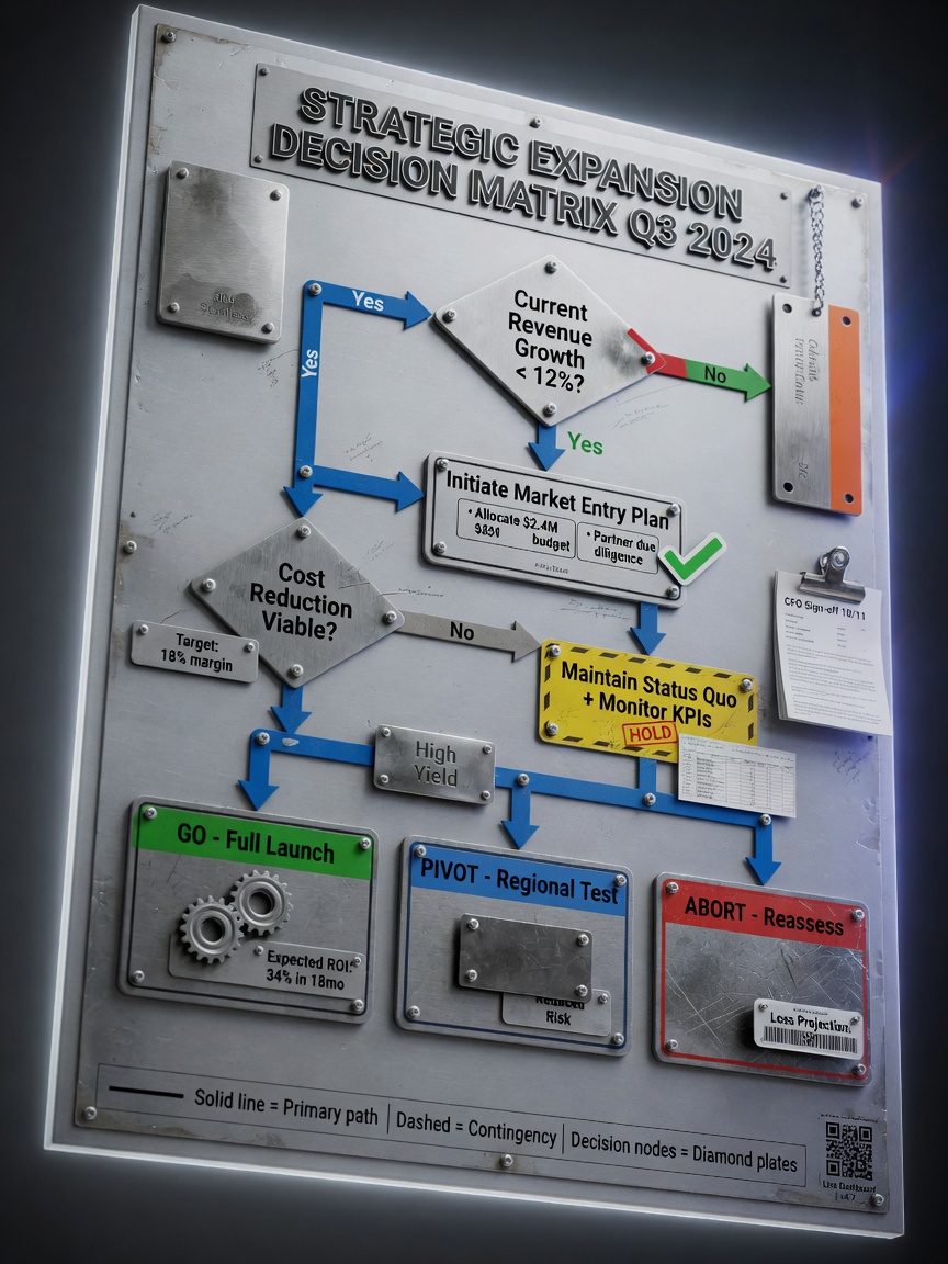 Ultra-realistic 8K decision flowchart infographic rendered as physical metallic board with steel and aluminum material samples attached, professional business visualization