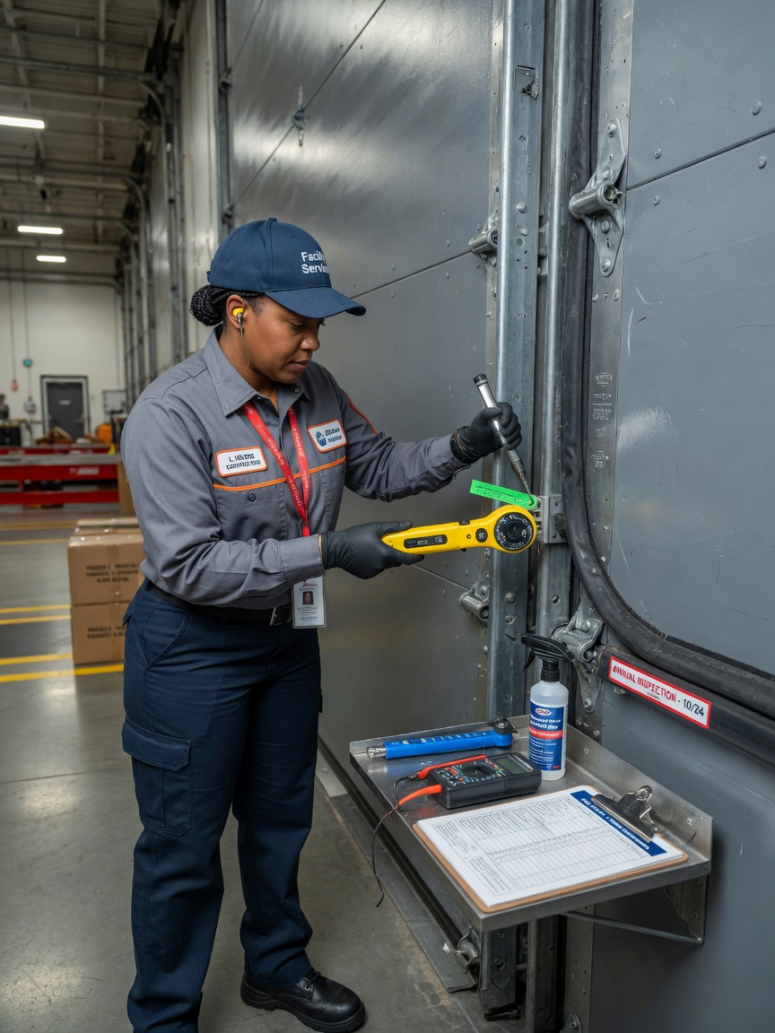 Annual maintenance technician inspecting steel commercial door hinges and seals with specialized tools, clean uniform, well-lit commercial setting, realistic 8K detail