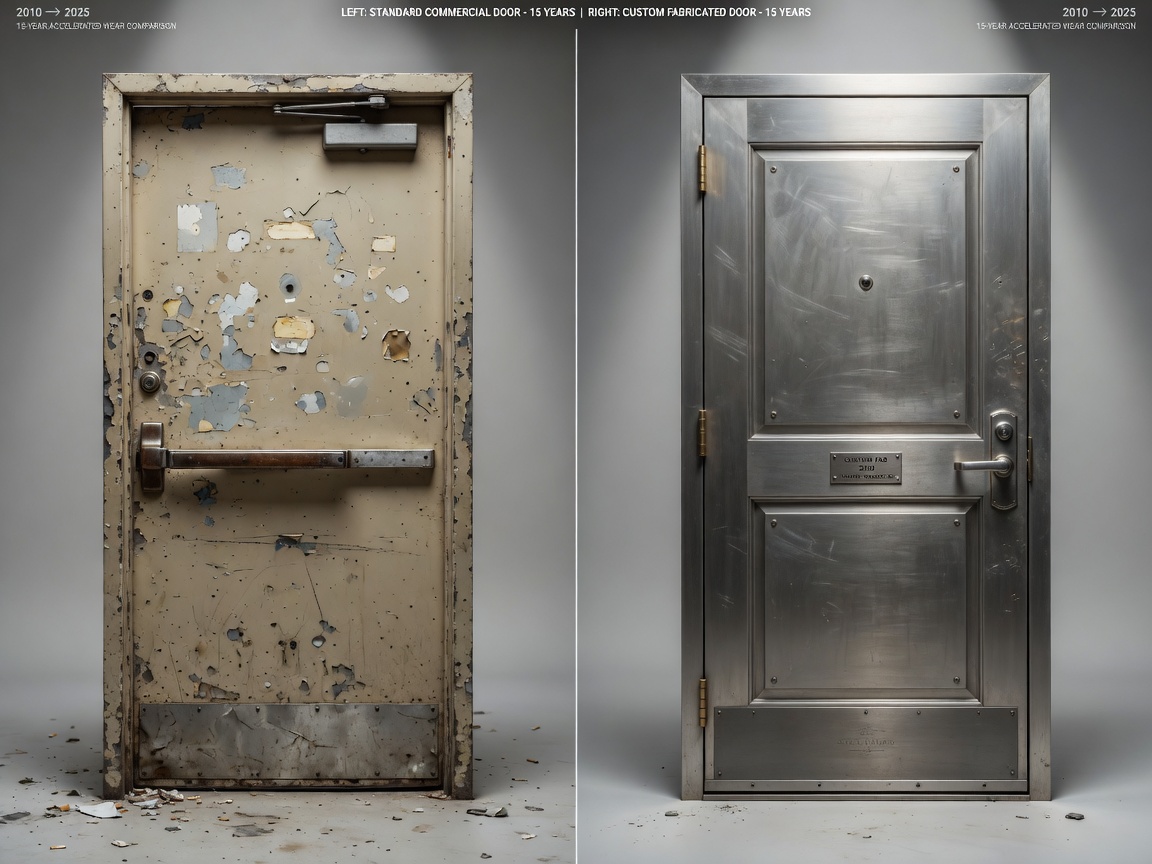 Time-lapse style ultra-realistic 8K composite image showing 15-year wear comparison between standard commercial door and custom fabricated door side by side, material degradation visualization