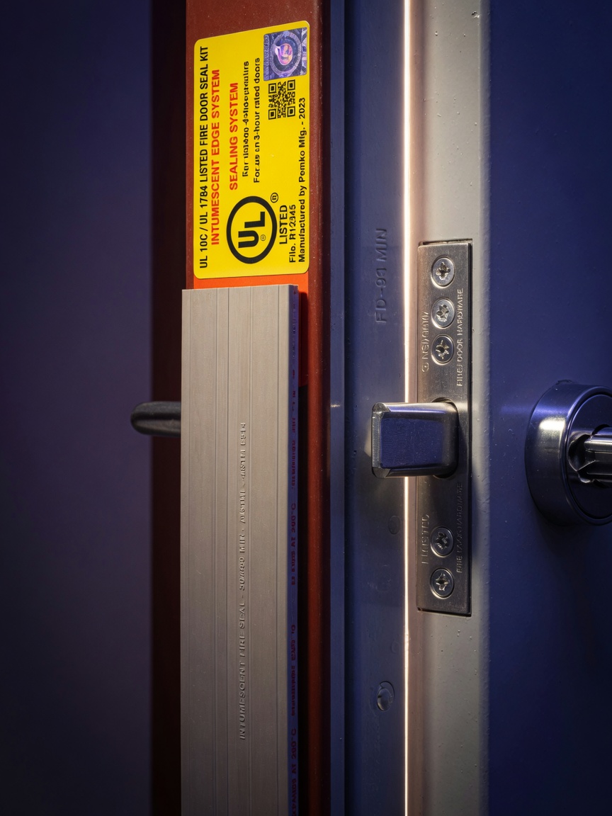 Close-up 8K ultra-realistic image of intact intumescent fire door seal, clear UL certification label, and proper door latching mechanism, technical inspection style