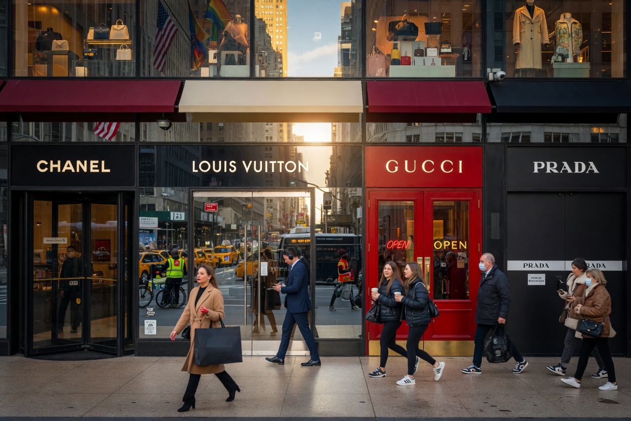 Ultra-realistic 8K photograph of a busy Manhattan retail corridor with multiple compliant commercial entrance doors, pedestrians walking through, vibrant city atmosphere