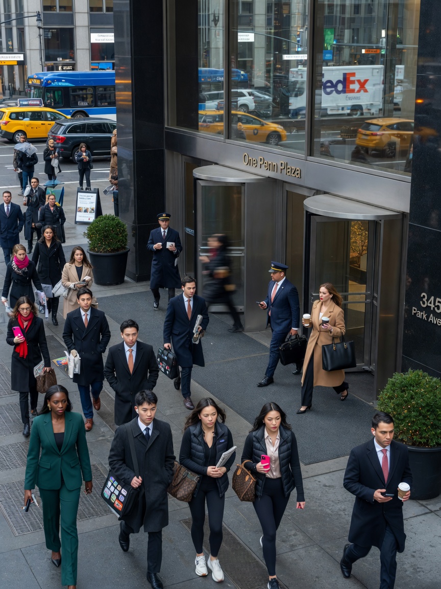 Dynamic 8K image showing high pedestrian traffic flowing through steel commercial doors at a busy Midtown NYC office building entrance during morning rush hour