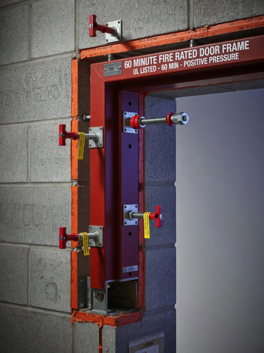 8K photograph of a 60-minute fire-rated door frame properly anchored into concrete block wall with visible fire-rated anchors, technical construction documentation style
