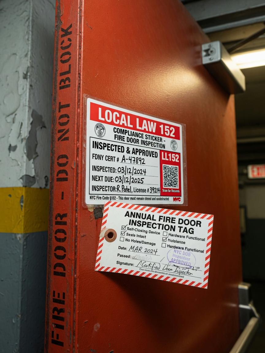 Ultra-realistic 8K photograph of a New York City Local Law 152 compliance sticker and inspection tag properly affixed to the edge of a commercial fire door, sharp detail